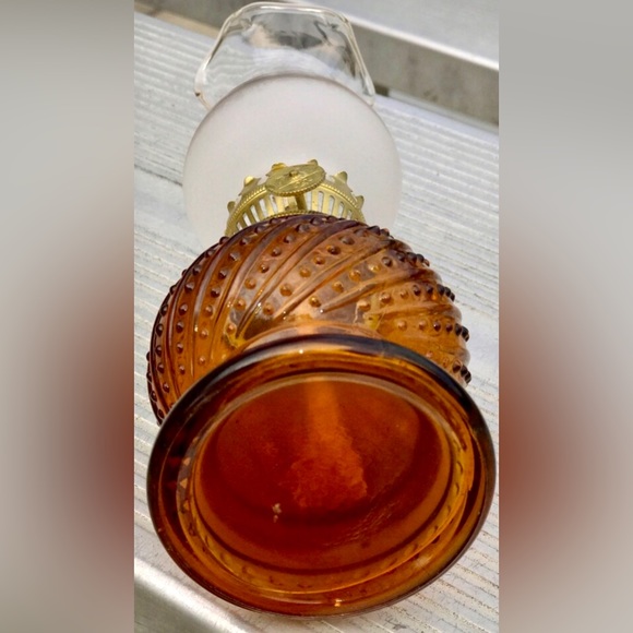 Vintage Mid Century Hobnail Studded Amber Glass Kerosene Lantern Oil Lamp - Picture 5 of 10